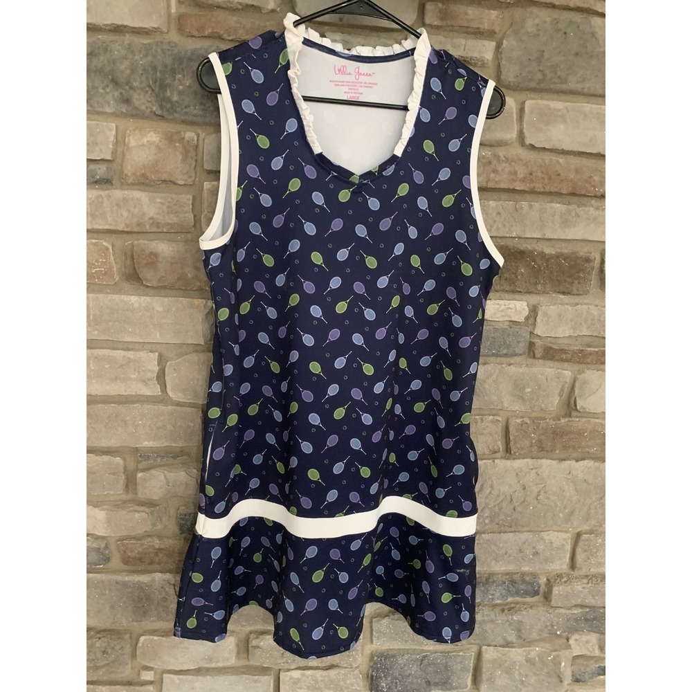 Lillie Green Tennis Preppy Athleisure Dress Large Navy Racquet Print Sporty